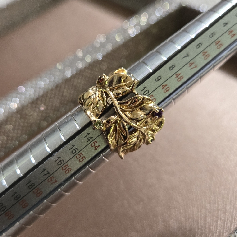 Gold Plated Vine Leaf Gemstone Ring - Picture 3 of 12